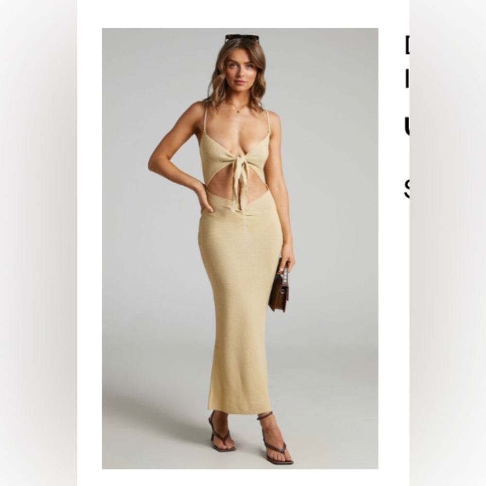 Danielle Bernstein Tan Knit Maxi Dress Cut Out Front Tie
